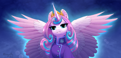 Size: 2678x1292 | Tagged: safe, artist:kleowolfy, derpibooru import, princess flurry heart, alicorn, pony, abstract background, clothes, commission, crown, ear fluff, ears, high res, jewelry, lidded eyes, older, older flurry heart, regalia, signature, solo, spread wings, uniform, wings