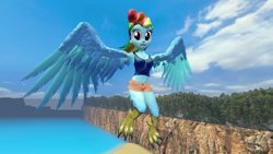 Size: 1920x1080 | Tagged: safe, artist:oatmeal!, derpibooru import, rainbow dash, bird, human, monster girl, monster pony, original species, equestria girls, 3d, accessory swap, beach, clothes, costume, flying, gmod, halloween, halloween costume, harpy, looking at you, midriff, monster, monster musume, ocean, shorts, solo, spread wings, tanktop, water, wings