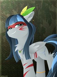 Size: 1432x1936 | Tagged: safe, artist:andaluce, derpibooru import, oc, oc:haze northfleet, pegasus, pony, bodypaint, brazil, chest fluff, clothes, costume, facial markings, female, hock fluff, jewelry, lineless, mare, necklace, smiling, smirk, solo, tribal markings