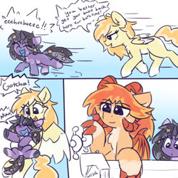 Size: 2200x2200 | Tagged: safe, artist:rivibaes, derpibooru import, part of a set, oc, oc:evanti, oc:orange cream, oc:rivibaes, dracony, dragon, hybrid, pegasus, unicorn, bathtub, chase, comic, dialogue, family, female, filly, foal, grabbing, male, mare, stallion