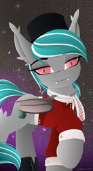 Size: 1047x1915 | Tagged: safe, artist:andaluce, derpibooru import, oc, oc:malachite cluster, bat pony, pony, abstract background, chest fluff, clothes, costume, ear fluff, ears, hat, hock fluff, lineless, male, scarf, solo, stallion, top hat, traditional clothing