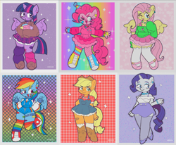 Size: 3747x3094 | Tagged: safe, artist:cosmiccrayons, derpibooru import, applejack, fluttershy, pinkie pie, rainbow dash, rarity, twilight sparkle, alicorn, anthro, earth pony, pegasus, pony, unicorn, ;p, abstract background, bandaid, blush sticker, blushing, book, boots, bracelet, clothes, converse, cutie mark on clothes, ear piercing, eye clipping through hair, eyebrows, eyebrows visible through hair, face paint, female, fingerless gloves, freckles, glasses, gloves, gradient background, hat, horn, jewelry, kidcore, looking at you, magic, mane six, mare, mary janes, necklace, one eye closed, open mouth, open smile, party hat, piercing, rainbow, rainbow socks, shoes, skirt, smiling, sneakers, socks, sparkles, spread wings, striped socks, sweater, sweatershy, sweatshirt, teeth, tongue, tongue out, white socks, wings, wink, winking at you