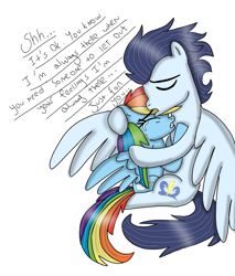 Size: 720x844 | Tagged: safe, artist:dasher666, artist:rapidskies, derpibooru import, edit, rainbow dash, soarin', pegasus, pony, comforting, crying, female, male, mare, shipping, simple background, soarindash, stallion, straight, white background