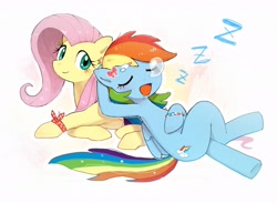 Size: 3000x2200 | Tagged: safe, artist:fuyugi, derpibooru import, fluttershy, rainbow dash, pegasus, pony, drool, eyes closed, onomatopoeia, open mouth, sleeping, snot bubble, sound effects, zzz