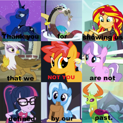 Size: 750x750 | Tagged: safe, alternate version, derpibooru import, diamond tiara, discord, gilda, princess luna, sci-twi, sunset shimmer, thorax, trixie, twilight sparkle, oc, oc:ciaran, changedling, changeling, griffon, equestria girls, ciaran, ciaran benson, cute, good end, heartwarming, king thorax, meme, not you, reformed