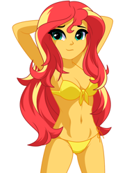 Size: 1040x1346 | Tagged: safe, artist:rosemile mulberry, derpibooru import, sunset shimmer, human, equestria girls, arm behind head, bare shoulders, belly button, bikini, breasts, cleavage, clothes, female, legs, midriff, side-tie bikini, simple background, sleeveless, smiling, solo, swimsuit, thighs, updated design, white background, yellow bikini, yellow swimsuit