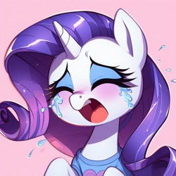 Size: 1024x1024 | Tagged: safe, ai content, derpibooru import, generator:bing image creator, machine learning generated, rarity, pony, unicorn, blushing, bust, cartoon, clothes, colored, crying, eyes closed, eyeshadow, female, makeup, mare, marshmelodrama, open mouth, pink background, prompter:evergreen, rarity being rarity, sad, shirt, simple background, solo, t-shirt