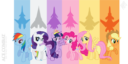 Size: 3000x1500 | Tagged: safe, artist:rarity3257, derpibooru import, edit, applejack, fluttershy, pinkie pie, rainbow dash, rarity, twilight sparkle, twilight sparkle (alicorn), alicorn, earth pony, pegasus, pony, unicorn, ace combat, ace combat 7, adf-11f raven, adfx-01 morgan, asf-x shinden ii, big crown thingy, cfa-44 nosferatu, element of magic, female, high res, jet, jet fighter, jewelry, mane six, mare, regalia, x-02 wyvern, xfa-27 scarface