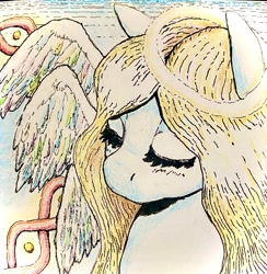 Size: 2522x2589 | Tagged: safe, artist:gorebox, derpibooru import, oc, angel, biblically accurate angels, blonde, blonde mane, colored pencil drawing, halo, ink drawing, inktober 2023, traditional art, unnamed oc, wings