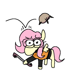 Size: 436x450 | Tagged: safe, artist:punkittdev, derpibooru import, fluttershy, pegasus, pony, crowbar, female, glasses, gordon freeman, half-life, headcrab, hev suit, hoof hold, mare, simple background, solo, throwing things at fluttershy, white background