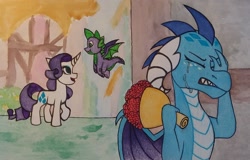 Size: 2032x1301 | Tagged: safe, artist:raritylover152, derpibooru import, princess ember, rarity, spike, dragon, bouquet, crying, flower, traditional art, winged spike, wings