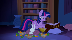 Size: 1920x1080 | Tagged: safe, derpibooru import, screencap, angel bunny, twilight sparkle, twilight sparkle (alicorn), alicorn, castle mane-ia, g4, ^^, belly, book, bookshelf, carrot, castle of the royal pony sisters, cup, diary, eyes closed, food, goblet, implied stuffing, indoors, lidded eyes, lying down, pillow, prone, stuffed belly