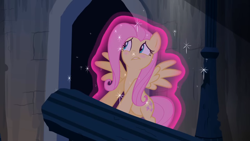 Size: 1920x1080 | Tagged: safe, derpibooru import, screencap, fluttershy, castle mane-ia, g4, blushing, castle of the royal pony sisters, embarrassed, frozen, magic, pillar, solo