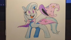 Size: 3264x1836 | Tagged: safe, artist:lockheart, derpibooru import, trixie, pony, unicorn, blue coat, blue mane, blue tail, cape, female, hat, hat off, hoof hold, looking up, mare, open mouth, open smile, purple eyes, smiling, solo, tail, traditional art, watercolor painting