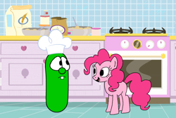 Size: 914x616 | Tagged: safe, artist:abjudisch2002, derpibooru import, pinkie pie, pony, crossover, cucumber, food, kitchen, larry the cucumber, veggietales