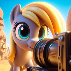 Size: 1024x1024 | Tagged: safe, ai content, derpibooru import, generator:bing image creator, machine learning generated, derpy hooves, pegasus, pony, 3d, blue eyes, camera, camera shot, flying, grin, happy, looking at something, looking at you, smiling, solo, stare, wrong eye color