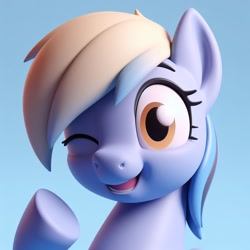 Size: 1024x1024 | Tagged: safe, ai content, derpibooru import, generator:bing image creator, machine learning generated, derpy hooves, pegasus, pony, 3d, blinking, blue background, eyebrows, grin, happy, looking at something, looking at you, one eye closed, open mouth, open smile, raised eyebrow, raised hoof, raised leg, simple background, smiling, solo