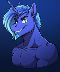 Size: 928x1120 | Tagged: safe, ai content, derpibooru import, generator:eristhebot(telegram bot), prince artemis, princess luna, anthro, unicorn, blue hair, bust, cyan e, facial hair, goatee, muscles, portrait, rule 63, smiling, solo