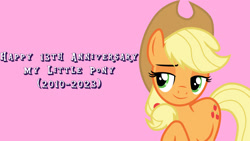 Size: 1920x1080 | Tagged: safe, artist:cloudy glow, derpibooru import, edit, editor:jaredking779, applejack, earth pony, pony, cowboy hat, female, hat, mare, mlp fim's thirteenth anniversary, pink background, simple background, smiling, solo, stetson