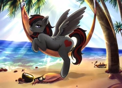 Size: 3000x2171 | Tagged: safe, artist:raranfa, derpibooru import, oc, oc only, oc:se solar eclipse, crab, pegasus, beach, coconut cup, female, hammock, looking at you, lying down, mare, ocean, palm tree, red and black mane, solo, spread wings, summer, sunglasses, tree, water, wings