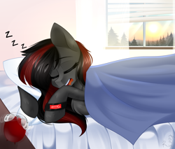 Size: 1956x1670 | Tagged: safe, artist:rinteen, derpibooru import, oc, oc:se solar eclipse, pegasus, pony, alarm clock, bed, bedsheets, clock, cute, female, in bed, mare, onomatopoeia, open mouth, pegasus oc, pillow, red and black mane, sleeping, snoring, solo, sound effects, sunshine, watch, wristwatch, zzz