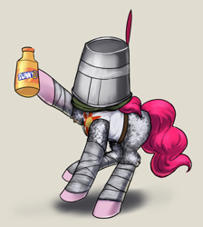 Size: 2000x2228 | Tagged: safe, artist:vultraz, derpibooru import, pinkie pie, princess celestia, earth pony, pony, bucket, clothes, duct tape, female, holding, mare, pinktober, praise the sun, solaire of astora, solo, sunny d, tape, tinfoil