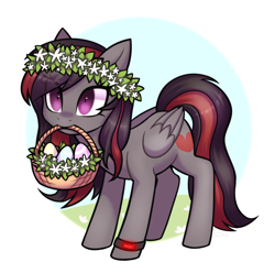 Size: 2600x2584 | Tagged: safe, artist:sch4, derpibooru import, oc, oc only, oc:se solar eclipse, pegasus, pony, basket, easter, easter basket, easter egg, eye clipping through hair, floral head wreath, flower, folded wings, mouth hold, pegasus oc, pony oc, simple background, solo, standing, watch, white background, wings, wristwatch