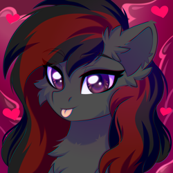 Size: 2500x2500 | Tagged: safe, artist:fluffywhirlpool, derpibooru import, oc, oc only, oc:se solar eclipse, pegasus, pony, :p, bust, cheek fluff, chest fluff, ear fluff, ears, eye clipping through hair, floating heart, heart, looking at you, pegasus oc, pony oc, portrait, profile picture, simple background, smiling, solo, tongue, tongue out