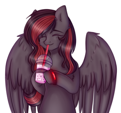 Size: 1205x1127 | Tagged: safe, artist:rena, derpibooru import, oc, oc only, oc:se solar eclipse, pegasus, pony, bipedal, bubble tea, drink, drinking, enjoying, eyes closed, pegasus oc, pony oc, smiling, solo, spread wings, straw, straw in mouth, wings