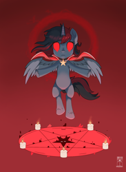 Size: 2200x3000 | Tagged: safe, artist:roccelladraws, derpibooru import, oc, oc only, oc:se solar eclipse, alicorn, pegasus, pony, candle, cape, clothes, cult, cult of the lamb, evil eyes, floating, horn, magic, pegasus oc, pentagram, pony oc, solo, spread wings, stars, wings
