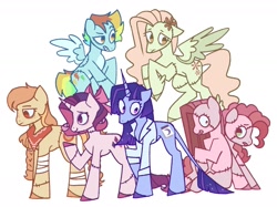 Size: 2000x1493 | Tagged: safe, artist:midagi-stuff, derpibooru import, applejack, fluttershy, pinkie pie, rainbow dash, rarity, twilight sparkle, unicorn twilight, earth pony, pegasus, pony, undead, unicorn, zombie, alternate universe, bow, colored wings, colored wingtips, flying, hair bow, leonine tail, mane six, pinkamena diane pie, self paradox, self ponidox, spread wings, stitches, tail, two toned wings, wings