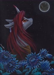 Size: 4397x6057 | Tagged: safe, artist:cahandariella, derpibooru import, oc, oc:obsidian, unicorn, clothes, colored pencil drawing, ear piercing, earring, flower, full moon, jewelry, looking up, moon, night, offspring, parent:king sombra, piercing, smiling, solo, stars, traditional art