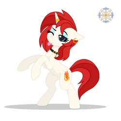 Size: 4000x4000 | Tagged: safe, artist:r4hucksake, derpibooru import, oc, oc only, oc:searing flame, pony, unicorn, absurd resolution, collar, ear piercing, earring, female, horn, horn ring, jewelry, mare, one eye closed, piercing, ring, simple background, solo, tongue, tongue out, transparent background, wink
