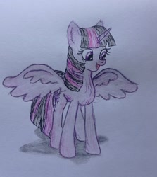 Size: 2160x2417 | Tagged: safe, artist:mettaton neo, derpibooru import, twilight sparkle, twilight sparkle (alicorn), alicorn, pony, open mouth, open smile, smiling, solo, spread wings, traditional art, wings