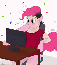 Size: 4200x4800 | Tagged: safe, artist:furnaise, derpibooru import, pinkie pie, earth pony, human, pony, blushing, boop, breaking the fourth wall, clothes, computer, confetti, eye color change, human to pony, male to female, monitor, open mouth, open smile, rule 63, shirt, sitting, smiling, species swap, transformation, transgender transformation, twinning