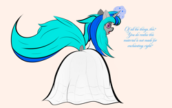 Size: 3708x2349 | Tagged: safe, artist:truedepressed, derpibooru import, oc, pony, unicorn, clothes, commission, dialogue, dress, looking at you, looking back, looking back at you, simple background, solo, tail, talking to viewer, wedding dress