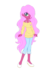 Size: 2048x2732 | Tagged: safe, artist:ocean-drop, derpibooru import, oc, oc only, oc:cotton candy (ocean-drop), human, equestria girls, clothes, denim, female, hair over one eye, jeans, long hair, off shoulder, off shoulder sweater, offspring, pants, parent:cheese sandwich, parent:pinkie pie, parents:cheesepie, shoes, simple background, smiling, solo, sweater, transparent background