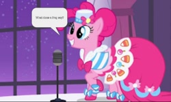 Size: 1080x648 | Tagged: safe, derpibooru import, edit, edited screencap, screencap, pinkie pie, frog, pony, the best night ever, clothes, dress, gala dress, microphone, solo