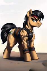 Size: 480x720 | Tagged: safe, ai content, derpibooru import, editor:primortal, generator:novelai, generator:stable diffusion, machine learning assisted, machine learning generated, oc, oc only, oc:brick house, earth pony, pony, fallout equestria, aggressive, angry, clothes, earth pony oc, fallout, female, leather, leather vest, muscles, muscular female, peacekeeper, ranger, short hair, solo, tough, vest, war never changes, wasteland