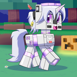 Size: 2000x2000 | Tagged: safe, artist:trackheadtherobopony, derpibooru import, oc, oc:sixteen-bits, pony, robot, robot pony, unicorn, creeper, minecraft, pumpkin