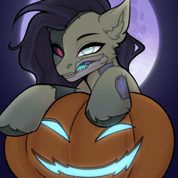 Size: 2048x2048 | Tagged: safe, artist:enderbee, derpibooru import, oc, earth pony, pony, undead, zombie, zombie pony, commission, halloween, happy, holiday, moon, pumpkin, smiling, solo, ych result