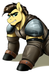 Size: 512x768 | Tagged: safe, ai content, derpibooru import, editor:primortal, generator:novelai, generator:stable diffusion, machine learning assisted, machine learning generated, oc, oc only, oc:sledge rock, earth pony, pony, fallout equestria, armor, biceps, clothes, earth pony oc, fallout, leather, leather armor, male, muscles, muscular male, peacekeeper, ranger, shoulder pads, simple background, solo, square jaw, white background