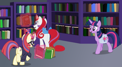 Size: 4174x2291 | Tagged: safe, artist:jp, derpibooru exclusive, derpibooru import, moondancer, moondancer (g1), twilight sparkle, twilight sparkle (alicorn), alicorn, pony, unicorn, g1, g4, .svg available, bag, book, bookshelf, clothes, female, g1 to g4, generation leap, generational ponidox, library, magic, mlp fim's thirteenth anniversary, saddle bag, svg, sweater, telekinesis, trio, trio female, vector