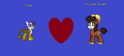 Size: 852x385 | Tagged: safe, derpibooru import, gilda, trouble shoes, earth pony, griffon, pony, blue background, clydesdale, draft horse, female, gildashoes, hat, heart, male, ms paint, pony town, shipping, simple background, straight