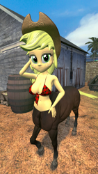 Size: 1080x1920 | Tagged: safe, alternate version, artist:oatmeal!, derpibooru import, applejack, centaur, human, monster girl, taur, equestria girls, 3d, accessory swap, applerack, arm behind head, bra, breasts, cleavage, clothes, costume, gmod, halloween, hand on hip, holiday, looking at you, midriff, monster, monster musume, solo, species swap, underwear