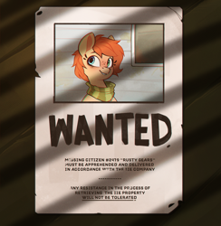 Size: 2076x2125 | Tagged: safe, artist:rexyseven, derpibooru import, oc, oc only, oc:rusty gears, pony, clothes, scarf, solo, striped scarf, wanted poster