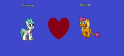 Size: 852x387 | Tagged: safe, derpibooru import, smolder, terramar, classical hippogriff, dragon, hippogriff, pony, blue background, female, heart, male, ms paint, pony town, shipping, simple background, straight