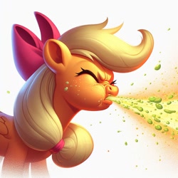 Size: 1024x1024 | Tagged: safe, ai content, derpibooru import, generator:bing image creator, machine learning generated, applejack, earth pony, pony, bow, droplet, eyes closed, mucus, nose wrinkle, nostril flare, nostrils, powerful, prompter:evergreen, sneezing, snot, spray, strong, wrinkles