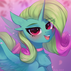 Size: 2000x2000 | Tagged: safe, artist:anku, derpibooru import, oc, oc only, alicorn, pony, alicorn oc, blushing, chest fluff, choker, eye clipping through hair, eyebrows, eyebrows visible through hair, female, freckles, high res, looking at you, mare, open mouth, open smile, patreon, patreon reward, simple background, smiling, smiling at you, solo, spread wings, wings