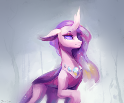 Size: 2170x1808 | Tagged: safe, artist:jewellier, derpibooru import, princess cadance, changedling, changeling, pony, g4, abstract background, changedlingified, changelingified, concave belly, curved horn, digital art, ears, ethereal mane, eyeshadow, fanfic art, female, floppy ears, flowing mane, gem, gray background, horn, makeup, mare, purple eyes, raised hoof, raised leg, signature, simple background, slim, sparkles, species swap, starry mane, starry tail, tail, thin, walking